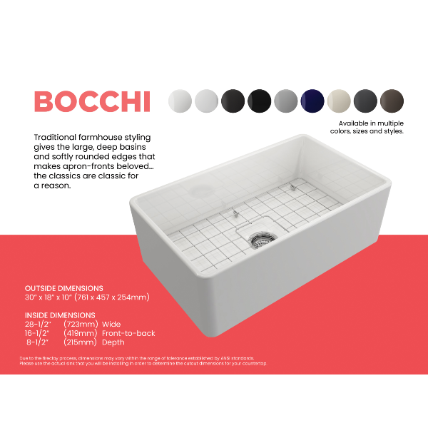 BOCCHI Classico 30 White Single Bowl Fireclay Farmhouse Sink With Free Grid Specifications