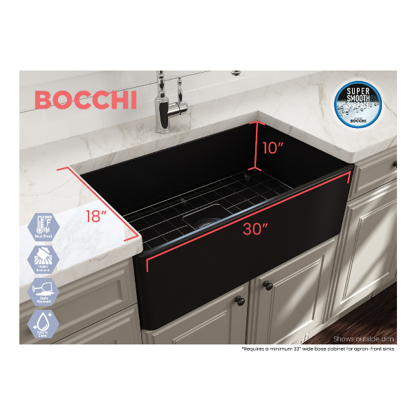 BOCCHI Classico 30  Matte Black Fireclay Farmhouse Sink Single Bowl With Free Grid Dimensions