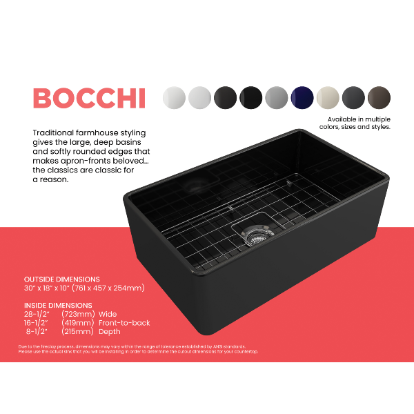 BOCCHI Classico 30  Black Fireclay Farmhouse Sink Single Bowl With Free Grid Specifications