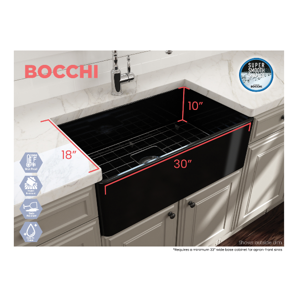 BOCCHI Classico 30  Black Fireclay Farmhouse Sink Single Bowl With Free Grid Dimensions