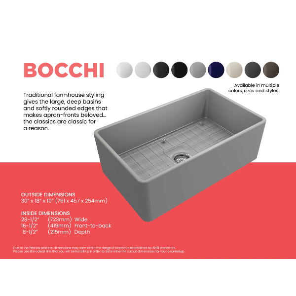 BOCCHI Classico 30 Matte Gray Fireclay Farmhouse Sink Single Bowl With Free Grid specifications