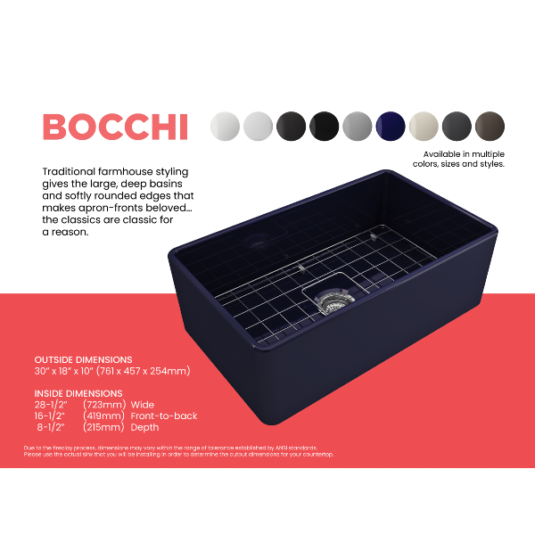 BOCCHI Classico 30 Blue Single Bowl Fireclay Farmhouse Sink With Free Grid Specifications