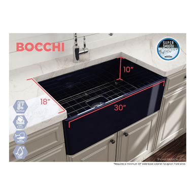 BOCCHI Classico 30 Blue Single Bowl Fireclay Farmhouse Sink With Free Grid Dimensions