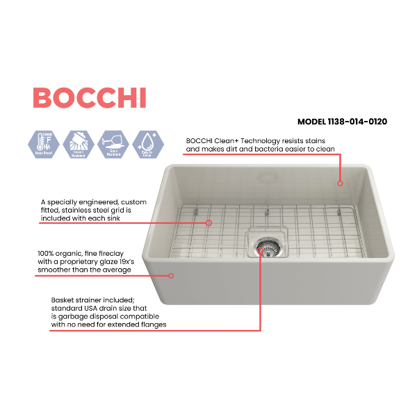 BOCCHI Classico Biscuit 30 Single Bowl Fireclay Farmhouse Sink With Free Grid Features