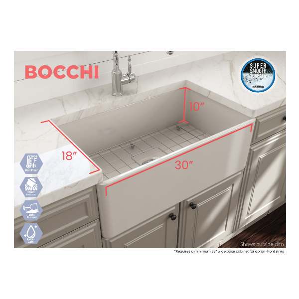 BOCCHI Classico Biscuit 30 Single Bowl Fireclay Farmhouse Sink With Free Grid Dimensions