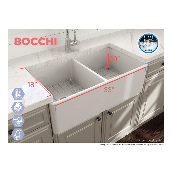 Bocchi Classico 33" White Double Bowl Fireclay Farmhouse Sink w/ Grids and Chrome Faucet