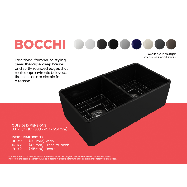 BOCCHI Classico 33D Matte Black Fireclay Farmhouse Sink Double Bowl W/ Grid & Livenza 2.0 Faucet