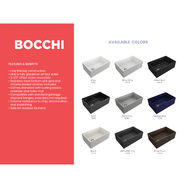 BOCCHI Contempo 30 White Fireclay Farmhouse Sink Single Bowl w/ Integrated Work Station & Chrome Faucet
