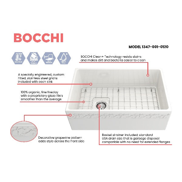 Bocchi Vigneto 30" White Fireclay Single Bowl  Farmhouse Sink W/ Grid