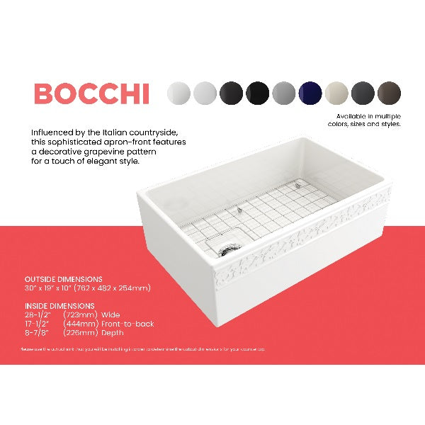 Bocchi Vigneto 30" White Fireclay Single Bowl  Farmhouse Sink W/ Grid