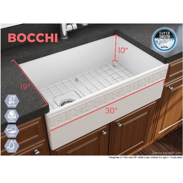 Bocchi Vigneto 30" Matte White Fireclay Single Bowl  Farmhouse Sink W/ Grid