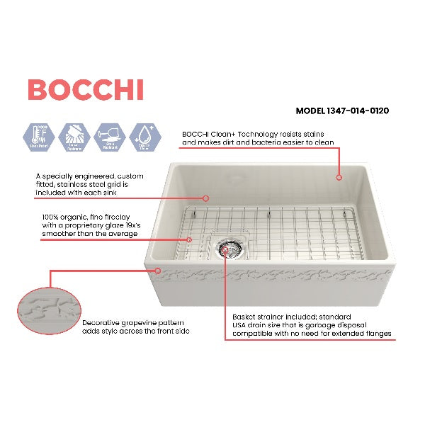 Bocchi Vigneto 30" Biscuit Fireclay Single Bowl Farmhouse Sink W/ Grid - Annie & Oak