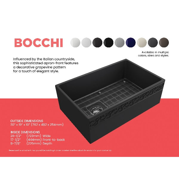 Bocchi Vigneto 30" Dark Gray Fireclay Single Bowl  Farmhouse Sink W/ Grid