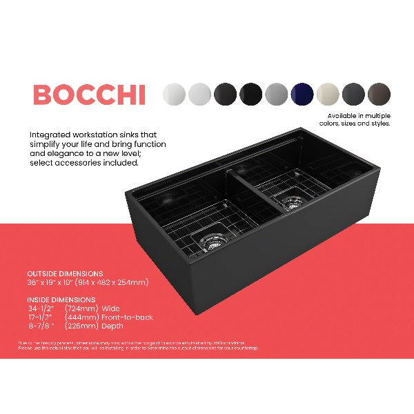 BOCCHI Contempo 36D Black Double Bowl Fireclay Farmhouse Sink w/ Integrated Work Station