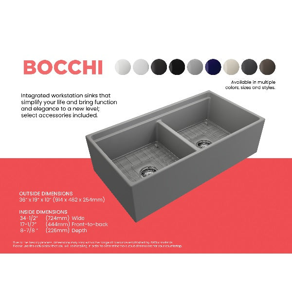 BOCCHI Contempo 36D Matte Gray Double Bowl Fireclay Farmhouse Sink w/ Integrated Work Station