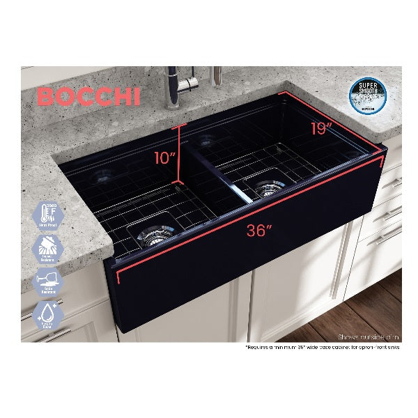 BOCCHI Contempo 36D Blue Double Bowl Fireclay Farmhouse Sink w/ Integrated Work Station