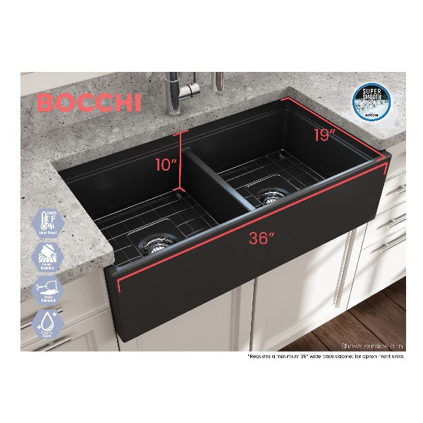 BOCCHI Contempo 36D Dark Gray Double Bowl Fireclay Farmhouse Sink w/ Integrated Work Station