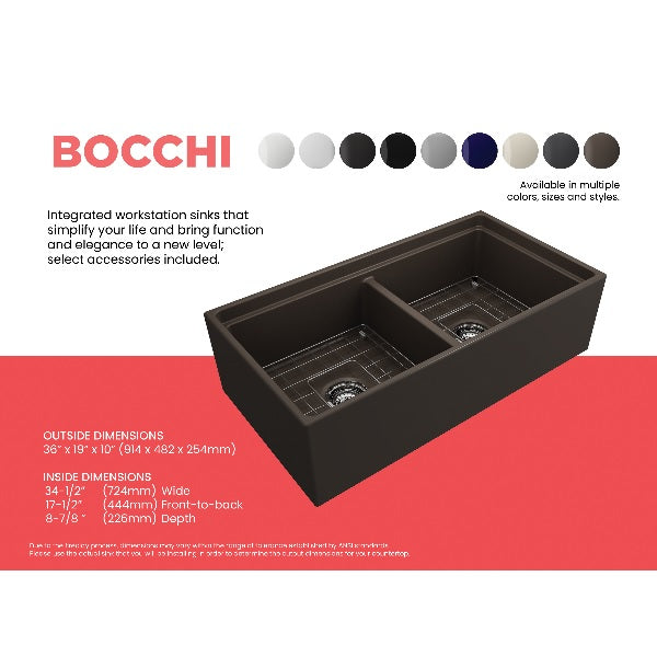 BOCCHI Contempo 36D Matte Brown Double Bowl Fireclay Farmhouse Sink w/ Integrated Work Station