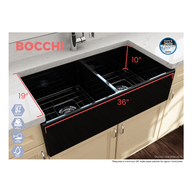 Bocchi Contempo 36D Black Fireclay Double Farmhouse Sink With Free Grid - Annie & Oak
