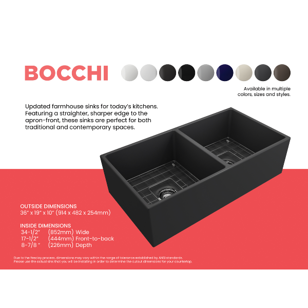 Bocchi Contempo 36D Dark Gray Fireclay Double Farmhouse Sink With Free Grid - Annie & Oak