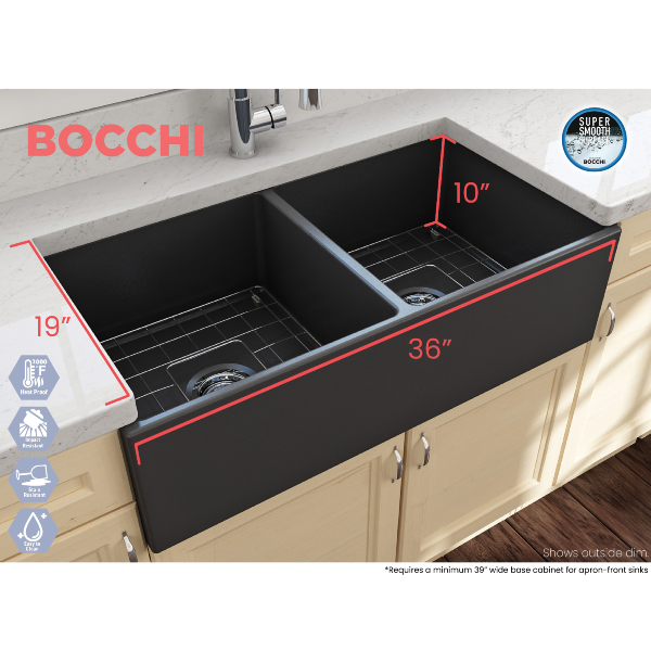 BOCCHI Contempo 36D Dark Gray Fireclay Double Farmhouse Sink With Free Grid