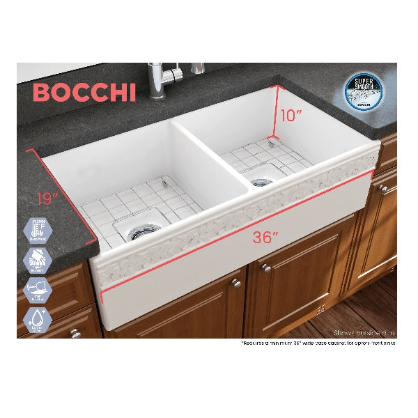 Bocchi Vigneto 36" White Fireclay Double Bowl Farmhouse Sink w/ Grid