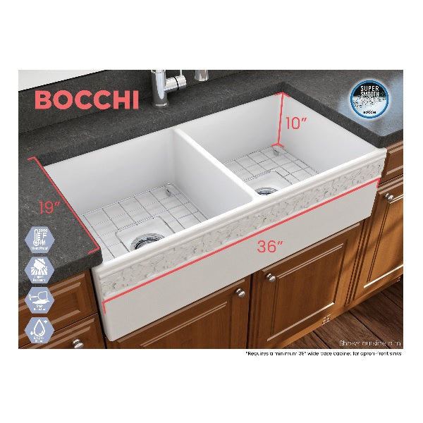 Bocchi Vigneto 36" Matte White Fireclay Double Bowl Farmhouse Sink w/ Grid