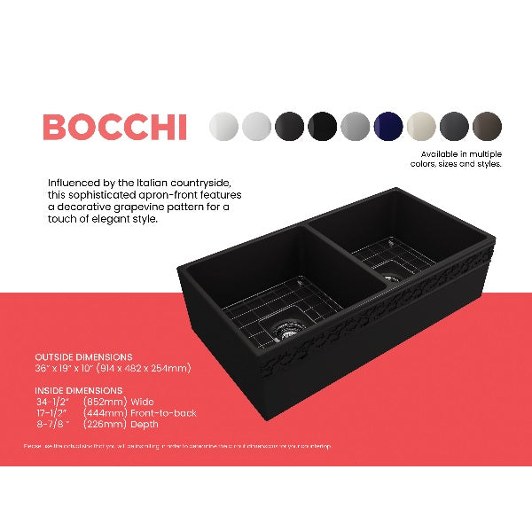 Bocchi Vigneto 36" Matte Black  Fireclay Double Bowl Farmhouse Sink w/ Grid