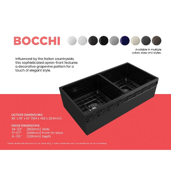 Bocchi Vigneto 36" Black Fireclay Double Bowl Farmhouse Sink w/ Grid
