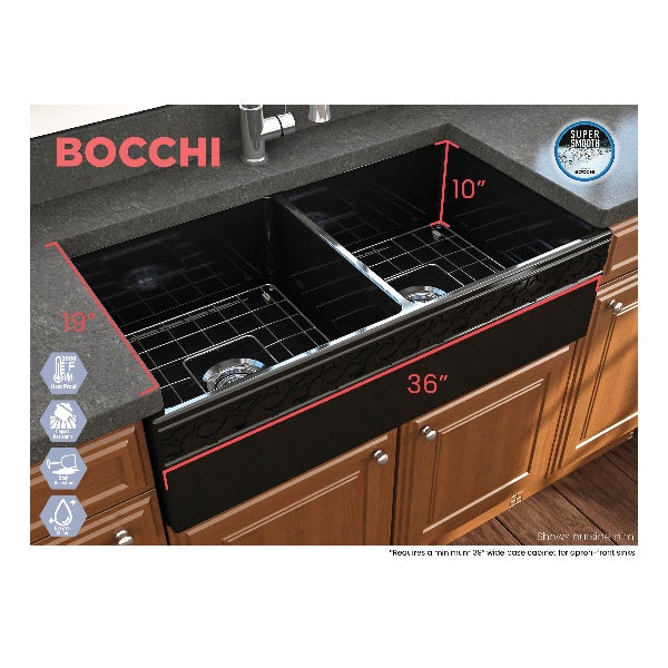 Bocchi Vigneto 36" Black Fireclay Double Bowl Farmhouse Sink w/ Grid