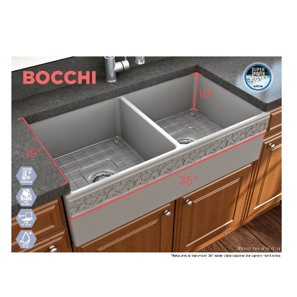 Bocchi Vigneto 36" Matte Gray Fireclay Double Bowl Farmhouse Sink w/ Grid
