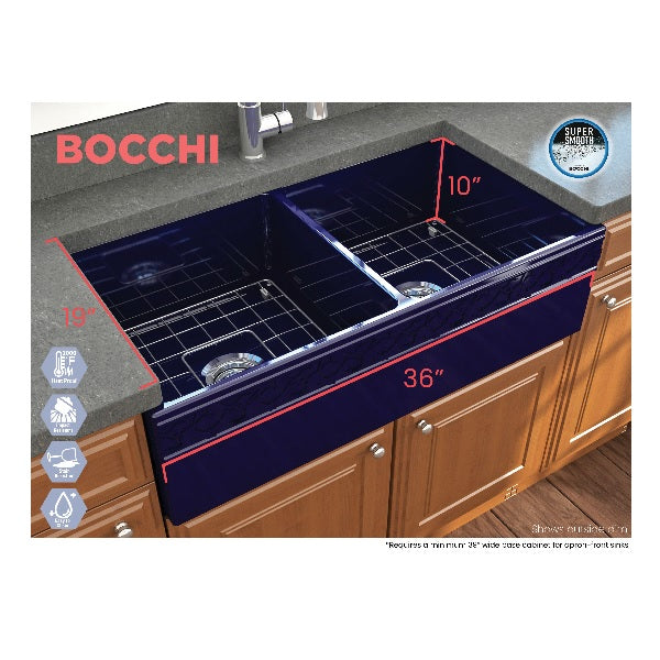Bocchi Vigneto 36" Blue Fireclay Double Bowl Farmhouse Sink w/ Grid