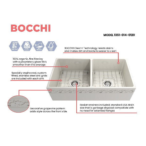 Bocchi Vigneto 36" Biscuit Fireclay Double Bowl Farmhouse Sink w/ Grid