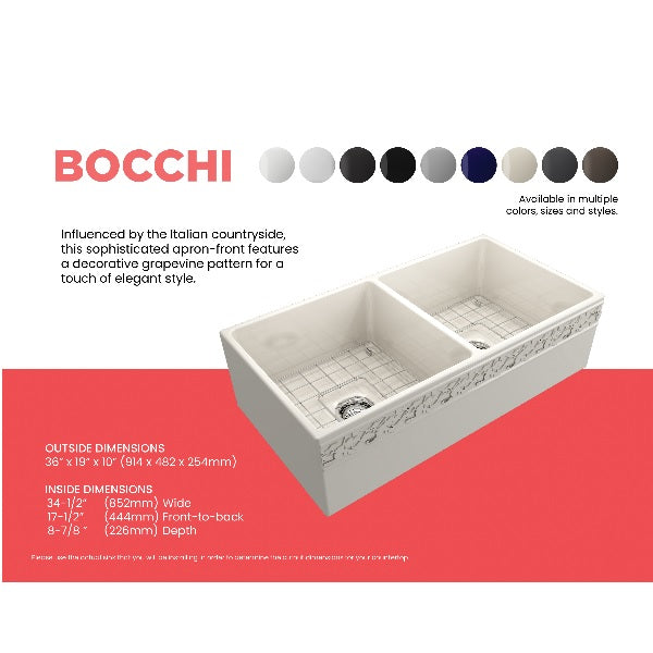 Bocchi Vigneto 36" Biscuit Fireclay Double Bowl Farmhouse Sink w/ Grid