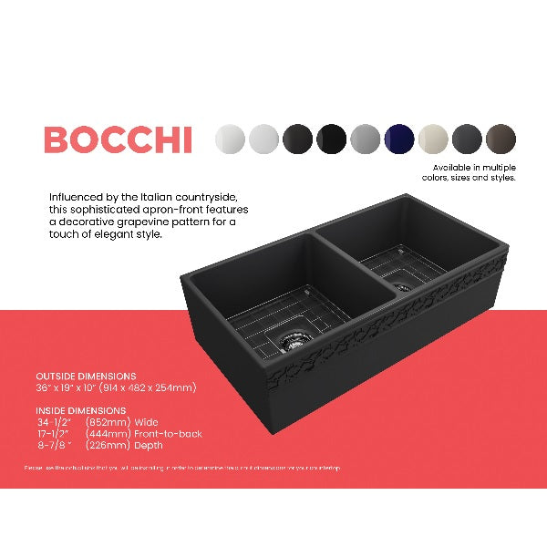 Bocchi Vigneto 36" Dark Gray Fireclay Double Bowl Farmhouse Sink w/ Grid