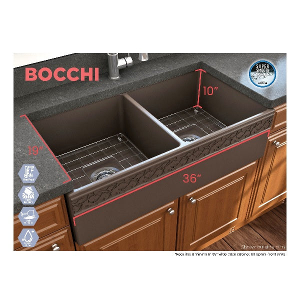 Bocchi Vigneto 36" Brown Fireclay Double Bowl Farmhouse Sink w/ Grid
