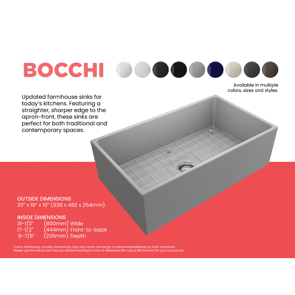 BOCCHI Contempo 33 Matte Gray Fireclay Single Bowl Farmhouse Sink w/ Grid