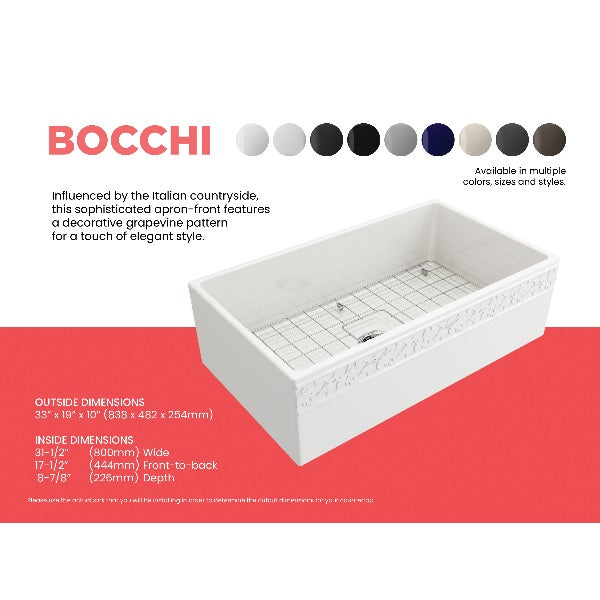 Bocchi Vigneto 33" White Fireclay Single Bowl Farmhouse Sink w/ Grid