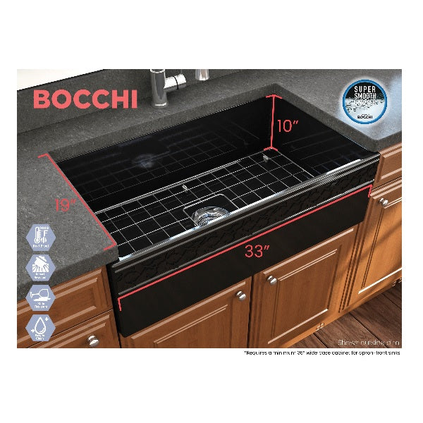 Bocchi Vigneto 33" Black Fireclay Single Bowl Farmhouse Sink  w/ Grid