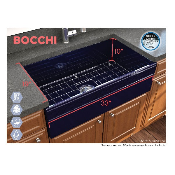 Bocchi Vigneto 33" Blue Fireclay Single Bowl Farmhouse Sink w/ Grid