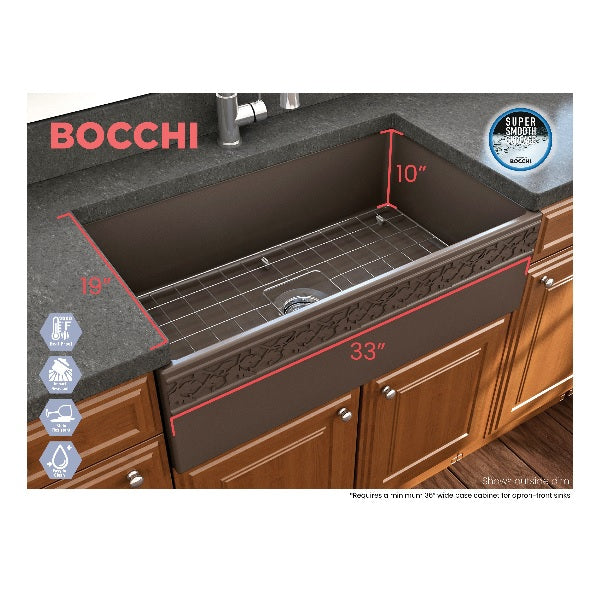 Bocchi Vigneto 33" Brown Fireclay Single Bowl Farmhouse Sink w/ Grid
