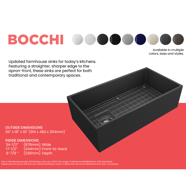 Bocchi Contempo 36 Dark Gray Fireclay Farmhouse Sink Single Bowl With Free Grid - Annie & Oak