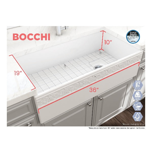 Bocchi Vigneto 36" White Fireclay Single Bowl Farmhouse Sink w/ Grid