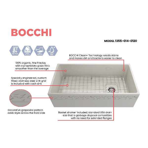 Bocchi Vigneto 36" Biscuit Fireclay Single Bowl Farmhouse Sink w/ Grid - Annie & Oak