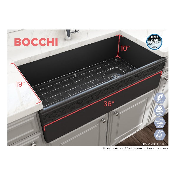 Bocchi Vigneto 36" Matte Dark Gray Fireclay Single Bowl Farmhouse Sink w/ Grid