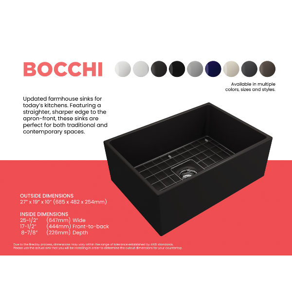 Bocchi Contempo 27 Matte Black Fireclay Single Bowl Farmhouse Sink w/ Grid - Annie & Oak