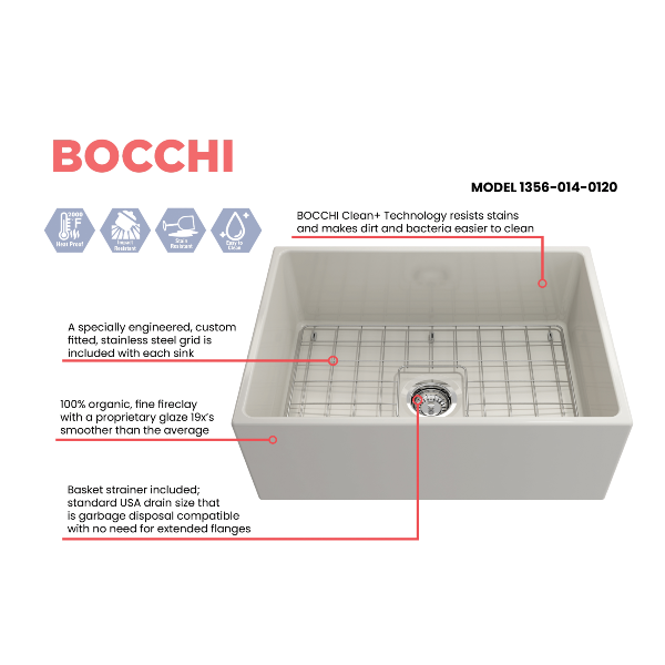 Bocchi Contempo 27 Biscuit Fireclay Single Bowl Farmhouse Sink w/ Grid - Annie & Oak