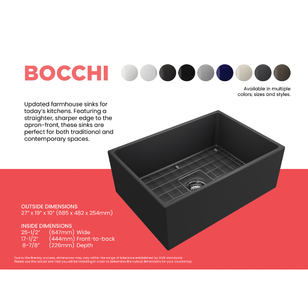 Bocchi Contempo 27 Matte Dark Gray Fireclay Single Bowl Farmhouse Sink w/ Grid - Annie & Oak
