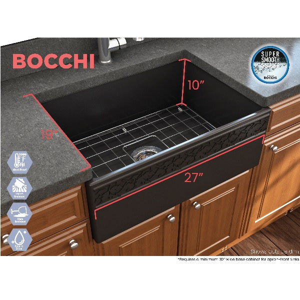 Bocchi Vigneto 27" Matte Black Fireclay Single Bowl Farmhouse Sink w/ Grid