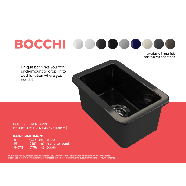 Bocchi Sotto 12" Black Fireclay Single Bowl Undermount Prep Sink w/ Strainer - Annie & Oak